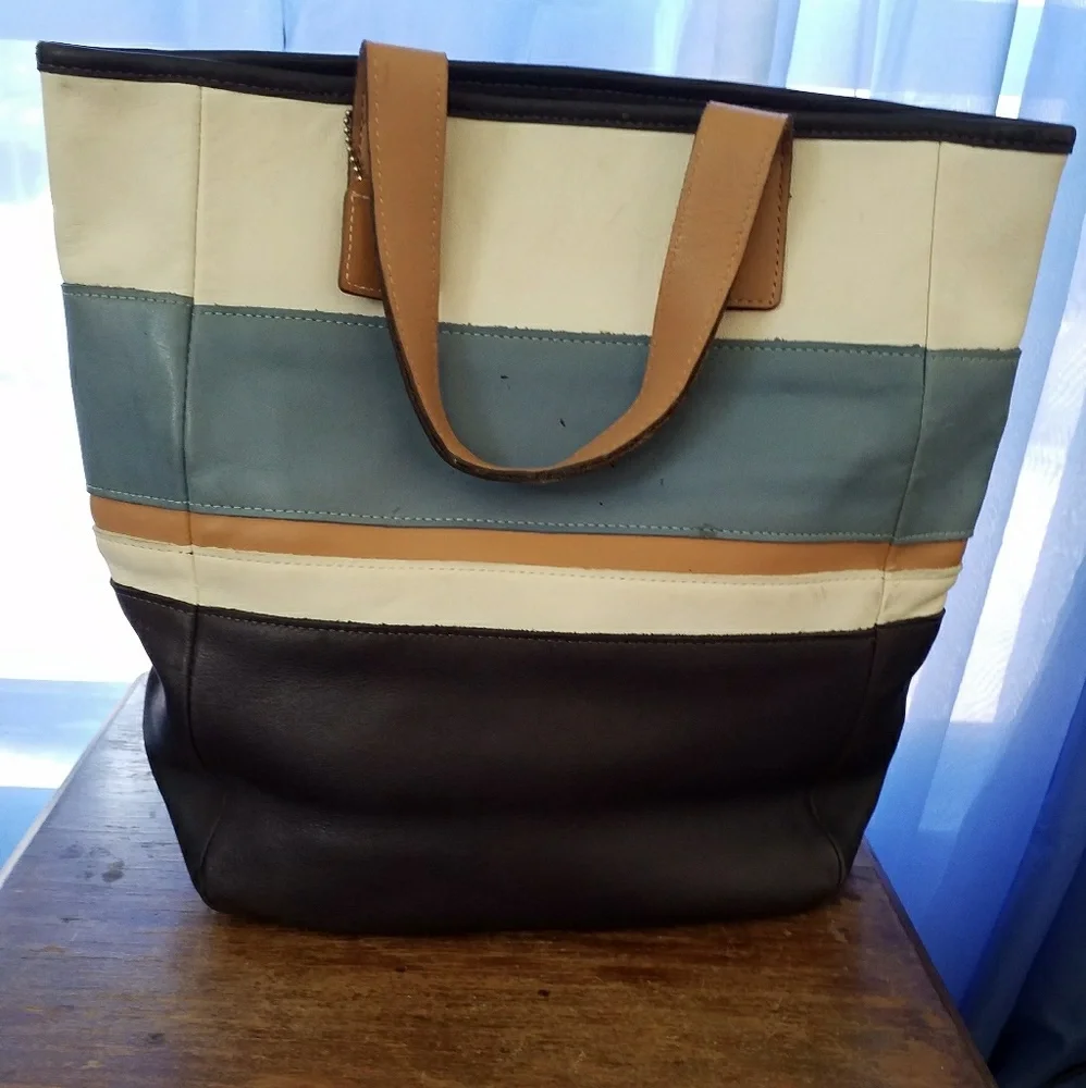 Coach Striped Leather Tote in Black, Cream, Blue and Tan